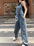 Fashionkova Party Outfit Women's Star Print Blue Overalls Fashion Wide Leg Girl Suspender Jumpsuits Pant Female Streetwear Rompers Straight Denim Trouser