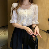 Fashionkova Vintage Hook Hollow Flower Tops Elegant Lace Shirt Elegant Women Clothes Summer Square Collar Short Sleeve Blouse Blusas 13934