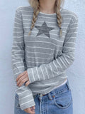 Fashionkova party look inspos Gray Stripe Star Print Casual Y2K Pullover Tee O Neck Basic Slim Long Sleeve Spring Autumn T Shirt Women Preppy Streetwear