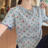 Fashionkova 2024 New Summer Korean Version Young Style Short Sleeved Slim Fit Round Neck Printed Polka Dot Shirring Women's T-shirt Top Casual Outfit