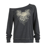 Fashionkova party look inspos Vintage Printed Hoodies Skew Collar Long Sleeve Loose Fit Women Jumpers Dark Gothic Pullovers Autumn Winter Halloween