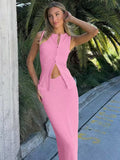 Fashionkova Matching Suit Sleeveless Ribbed Single-Breasted Top Shirt Maxi Skirt 2024 Spring Summer Women'S Clothing Sexy Streetwear