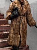 Fashionkova party look inspos Dark Brown Faux Fur Long Overcoat For Women Fashion Lapel Single Breasted Loose Fluffy Plush Warm Coat Winter Thicken Outerwear