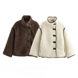 Fashionkova party look inspos Plush Stand Collar Jackets Coat Women Vintage Lambwool White Single-Breasted Pockets Jacket Female Autumn High Street Outwear