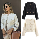 Fashionkova 2025 Cropped Tweed Jacket Woman Coat Button Long Sleeve Elegant Jackets For Women Short Coats Fashion New In Outerwears Valentine's Day Aesthetic