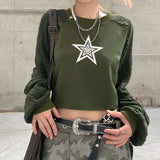 Fashionkova Women Hip Hop Coats Harajuku Casual Loose Hooded Sweatshirt Green T-shirt Patchwork Star Print Hoodie Short Cut With Exposed Fairycore