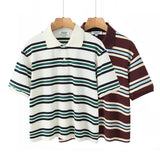 Fashionkova Summer Ladies Polo Shirts Woman Shorts Short Sleeve Brown Striped Vintage Clothes Polo Shirts Mujer Streetwear Crop Tops Casual Casual Outfit