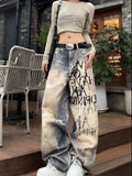 Fashionkova 2024 New Spring Autumn Gradient Wash Letter Denim Jeans for Women, Loose Straight Leg Trousers, Slimming Wide Leg Pants