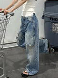 Fashionkova Women's Patchwork Fake Two Piece Design Holes Denim Pants Cool Girl Trousers Vintage Bottoms Female High Waist Wide-leg Jeans