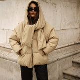 Fashionkova party look inspos Winter Hooded Scarf Collar Cotton Jackets Long Sleeve Pocket Thick Coat Casual Warm Short Coats 2024 New Lady Commuter Outerwear