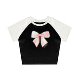 Fashionkova valentine's day aesthetic Printed top emo girls bow pattern cute casual Y2K crop top sexy street retro grunge punk harajuku aesthetic chic women's babytee