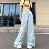 Fashionkova Party Outfit Rimocy High Waist Summer Cargo Pants Women Streetwear Drawstring Thin Parachute Pants Woman Solid Color Wide Leg Y2k Trouses