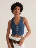 Fashionkova Fashion Cropped Jeans Waistcoats Women's Sleeveless V Neck Button down Denim Vests for Streetwear Basics Tank Tops Fairycore