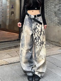 Fashionkova 2024 New Spring Autumn Gradient Wash Letter Denim Jeans for Women, Loose Straight Leg Trousers, Slimming Wide Leg Pants