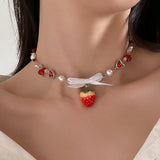 Fashionkova Korean Cute Red Strawberry Pendant Collar Necklace Gothic Y2K Heart Shaped Imitation Pearl Chain Choker Trend Jewelry