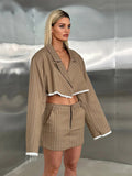 Fashionkova  Nye Outfit Lapel Striped Women Coat Set High Waist Zipper Lady Skirt Sets 2025 Fashion Elegant Spliced Full Sleeve Blazer Lady Outfits Suit