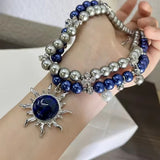 Fashionkova 2025 New Necklace Blue Beaded Pearl Cross Double-Deck Sun Pendant Unisex Punk Cool Couple Choker for Women Men Jewelry