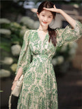 Fashionkova Women's Vintage Floral Print V-Neck Dress Female One-Piece Clothes French Lady A-Line Elegant Chic Maxi Dresses New 2023 Outfit Ideas