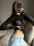 Fashionkova Sibybo Fashion Rhinestone Slim Crop Tops Women 2025 Spring Round Neck Long Sleeve Casual T-shirts Female Streetwear Basics Top Casual Outfit