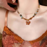Fashionkova Melard Style Retro Beaded Butterfly Pendant Necklace for Women Colored Beads Bilayer Clavicle Sweater Chain Chokers Fine Jewelry