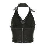 Fashionkova Hot Sexy Gyaru Slim Fit Leather Short Tops Women Halter Up Turn Down Collar Fashion Trendy Backless Design Tanks