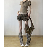 Fashionkova Vintage Women's Denim Shorts Hight Waisted Pockets Camouflage Y2k Casual Jeans Cargo Pants Gothic Green Short Jeans 2024 Summer