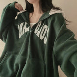 Fashionkova Vintage Solid Color Letter Print Half Zip Up Hoodie