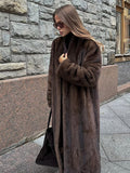 Fashionkova party look inspos Dark Brown Faux Fur Long Overcoat For Women Fashion Lapel Single Breasted Loose Fluffy Plush Warm Coat Winter Thicken Outerwear