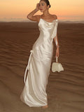 Fashionkova Elegant White Satin Backless Maxi Dress For Women Sexy Bodycon Sleeveless Tassels Pleated Long Dresses Vocation Beach Party Robe