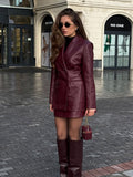 Fashionkova party look inspos Women Fashion Burgundy Lapel Pu Leather Coat Classic Single Breasted Bodycon Spring Jacket Outwear 2025 New Female Commute Coats