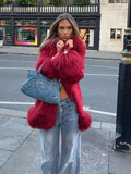 Fashionkova party look inspos Chic Spliced Faux Fur Coat For Women Lapel Full Sleeve Jacket Red Reffled Solid Vintage Warm Coat New Lady Winter Streetwears