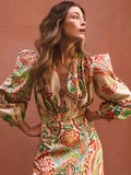 Fashionkova party look inspos Vintage Print Pleated Midi Dresses Women Chic V Neck Lantern Sleeve High Waist A Line Dress 2024 Summer New Beach Lady Vestido