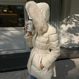 Fashionkova party look inspos Hooded Detachable Fur Collar Abrigos Invierno Lace Up Tunic 2025 Woman Outerwears Long Sleeve Parkas Korean Style Jacket Coats