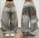 Fashionkova Skull geometric gothic pattern popular street high-waisted jeans men 2000s American vintage hip-hop fashion straight baggy pants