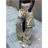 Fashionkova Blue Jeans Women American Y2K Vintage High Waisted Jean Straight Streetwear Casual Loose Wide Leg Denim Pants Ripped Trouser