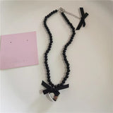Fashionkova Gothic Cute Y2K Stainless Steel Bow Heart Pink Cross Pendant Beaded Pearl Snake Chain Necklace For Egirl 2000s EMO Acssesories