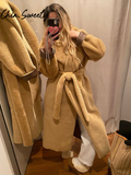 Fashionkova Party Outfit Long Street Women's Faux Fur Coats With Belt Casual Lapel Ful Sleeve Pocket Plush Female Overcoats 2025 Spring Lady Outwear