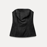 Fashionkova Elegant Solid Denim Women Trouser Suits Lapel Pocket Jacket Strapless Tanks Straight Pants 2025 Spring New Fashion Female Sets