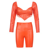 Fashionkova party look inspos Sexy Solid Leather Two Piece Sets Women Long Sleeve Wrapped Chest Crop Top + Skinny Shorts Clubwear Matching Set Street