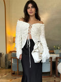 Fashionkova  Nye Outfit Tossy Autumn Fashion Ruffled T-shirt Cropped Top Female Hollow Out Lace-Up Patchwork Loose Outwear White Women Bandage Tee Coat