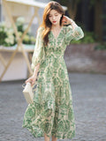 Fashionkova Women's Vintage Floral Print V-Neck Dress Female One-Piece Clothes French Lady A-Line Elegant Chic Maxi Dresses New 2023 Outfit Ideas