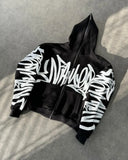 Fashionkova High Street Harajuku Retro Letter Graffiti Print Zipper Hoodie Men Y2k Gothic Hip Hop Punk Casual Oversized Sweatshirt Women