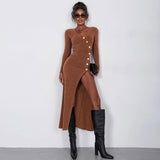 Fashionkova party look inspos Elegant Sexy Women Long Dress Casual Buttons V-neck Full Sleeve High Vent Slim Fit Dresses Fashion Female Outfits Party