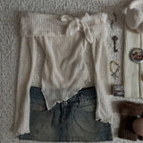 Fashionkova New Autumn sweet bow knit pullover for women with a line neck sexy chic long sleeve sweater Korean style Kawaii fashion tops emo Casual Outfit