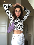 Fashionkova party look inspos Sexy Women Milk Cow Pattern Print Crop Top Female Long Sleeve Slim Fit Holiday Fashion Casual Short T Shirt Streetwear