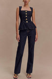 Fashionkova Street Denim Pants Set Women Sleeveless Single Breasted Slim Square Collar Tank High Waist Straight Jeans 2025 Summer Lady Suit