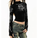 Fashionkova party look inspos Grunge Women T-Shirt Y2k Aesthetics Half high neck Tees Graphical Print  Long Sleeve Sheer Tops Punk Alternative Crop Tops EMO