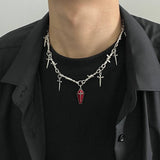 Fashionkova Red Thorn Heart Patchwork Star Cross Tassel Pendant Chain Necklaces Women Men Goth Punk Hip Hop Party Grunge Y2K Jewelry Gifts