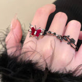 Fashionkova 3PCS SET Goth Vintage Red Butterfly Flower Open Ring For Women Charms Rave Jewelry Punk Charm Hip Hop Accessories Halloween Prop
