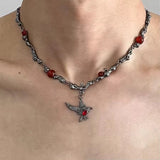 Fashionkova Y2K Goth Dark Red Rose Flower Pendant Clavicle Chain Choker Necklace For Women Men Unisex Charms Grunge Punk Jewelry Accessories